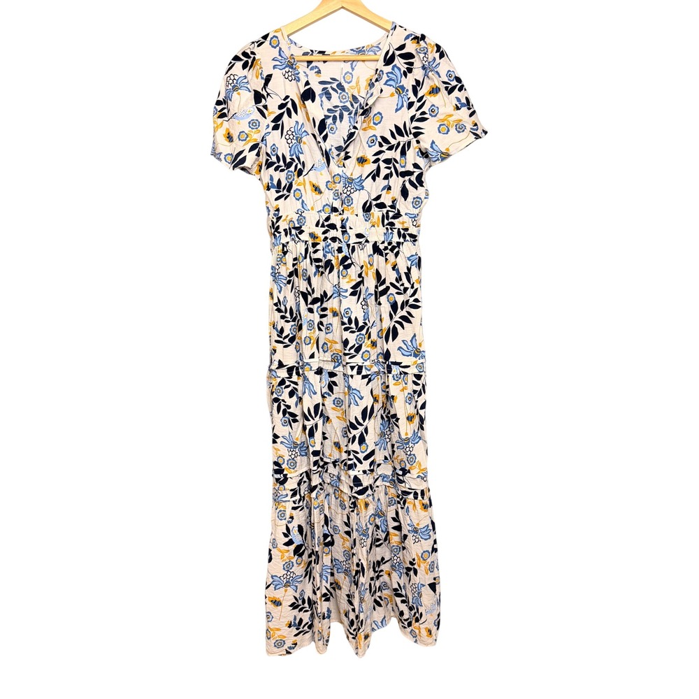 Stitchdrop Cream Blue Floral Tiered Maxi Dress Smocked Waist Pockets Size M